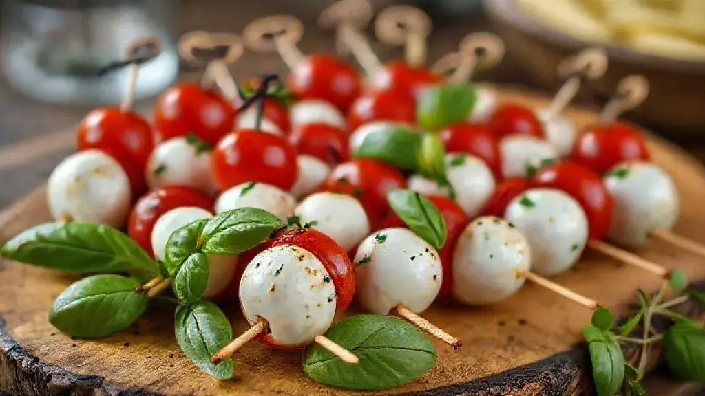 3 espetinhos de queijo e tomate que salvam sua entrada em 7 minutos